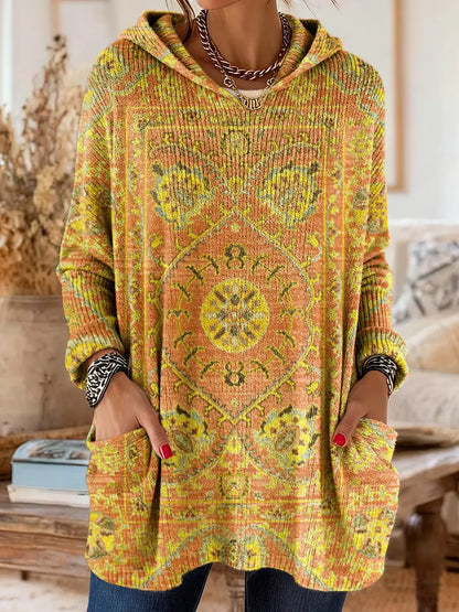 Tunique Femme Tricot Capuche Style Rétro Coupe Ample Poches