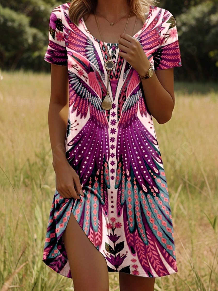 Robe Courte Femme Imprimé Ethnique Coupe Légère Manches Courtes