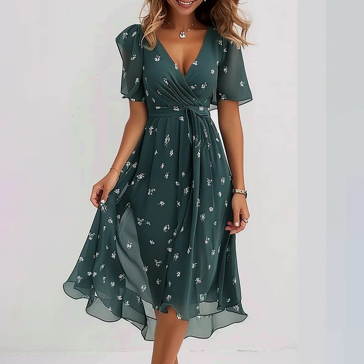 Robe Femme Élégante en Florals avec Tissu Léger et Confortable