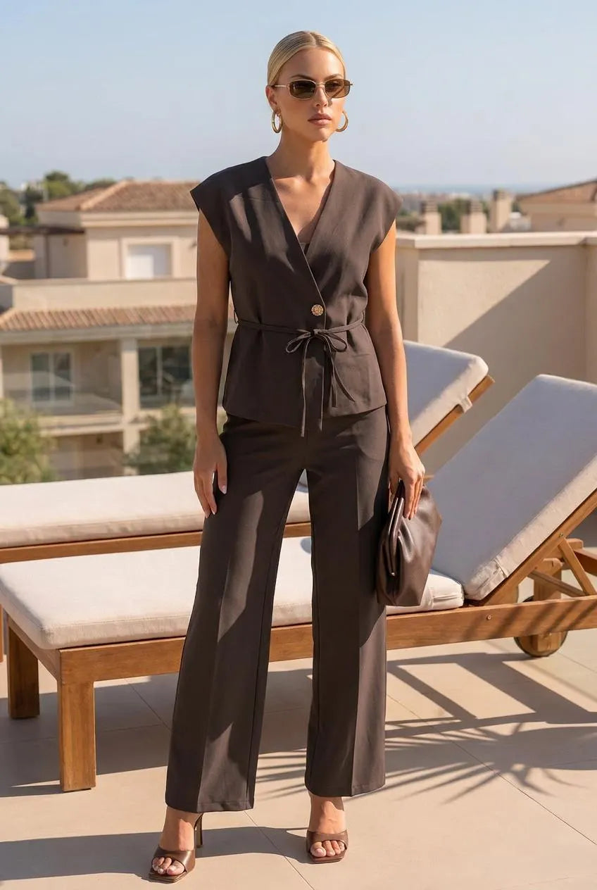 Ensemble Femme Gilet Sans Manches et Pantalon Palazzo Fluides