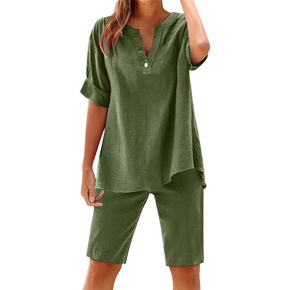 Ensemble Femme Lin Respirant Haut Col en V et Short Assorti