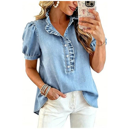 Haut Femme Denim Col Volanté Manches Bouffantes