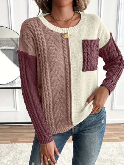 Pull Femme Maille Torsadée Patchwork Confortable Coupe Classique