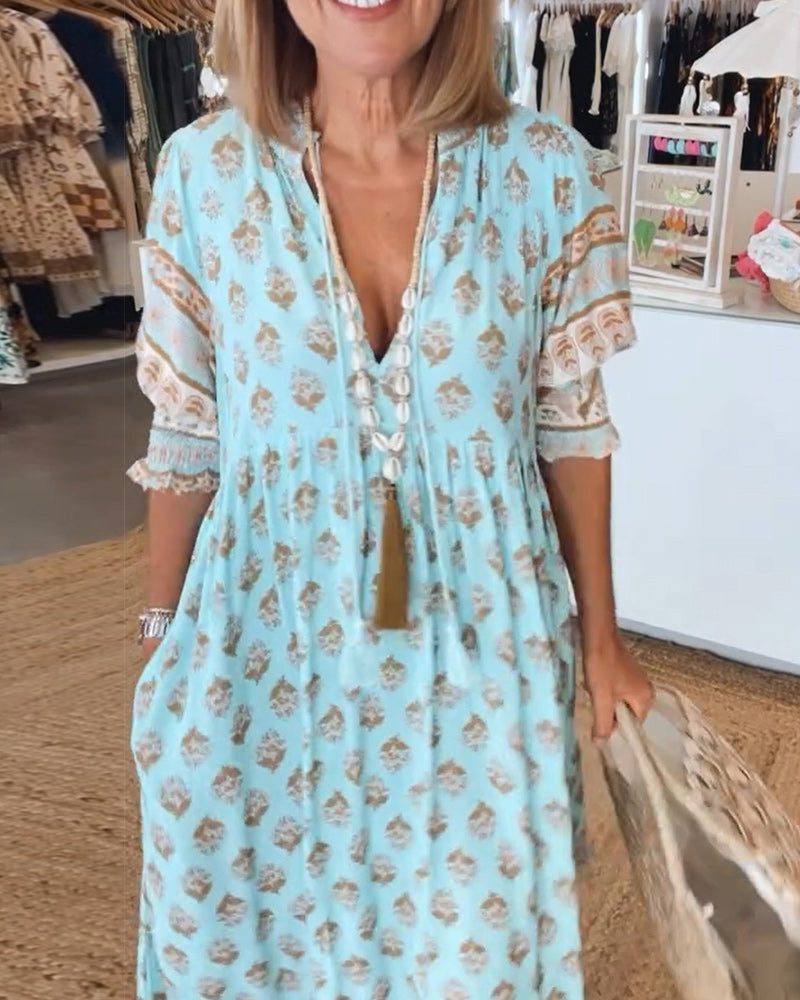 Robe midi Femme Fluide Imprimée Col en V Manches Lanterne Ample
