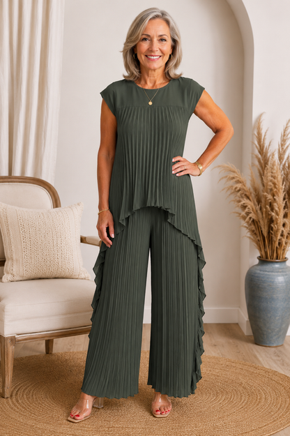 Ensemble Femme Plissé Pantalon Large Haut Asymétrique