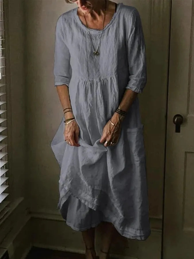 Robe Été en Coton Lin, Col Rond et Manches Courtes