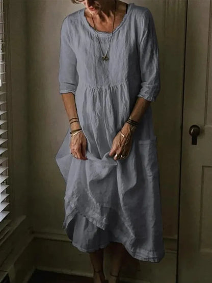 Robe Été en Coton Lin, Col Rond et Manches Courtes
