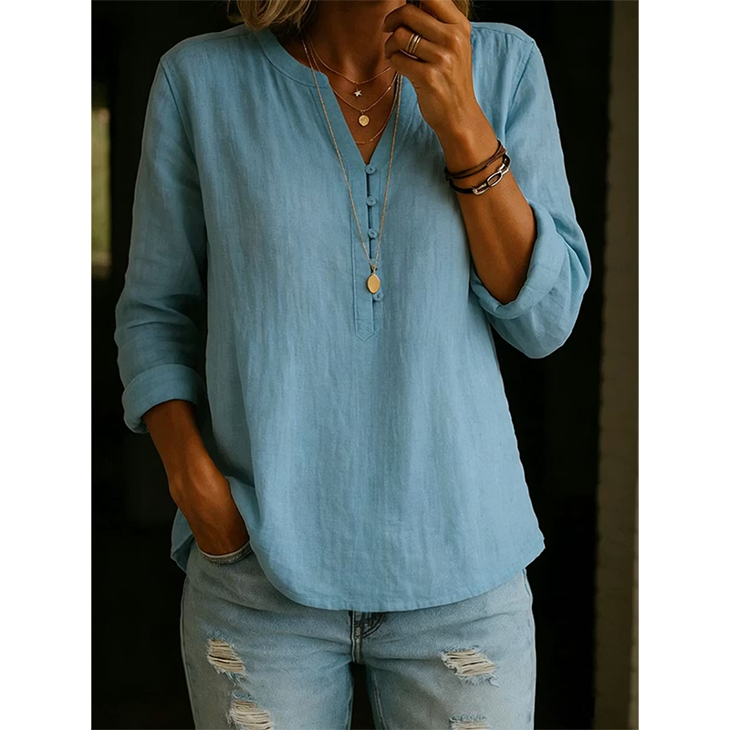 Chemise Femme Coton Col V Manches Retroussables Coupe Ample