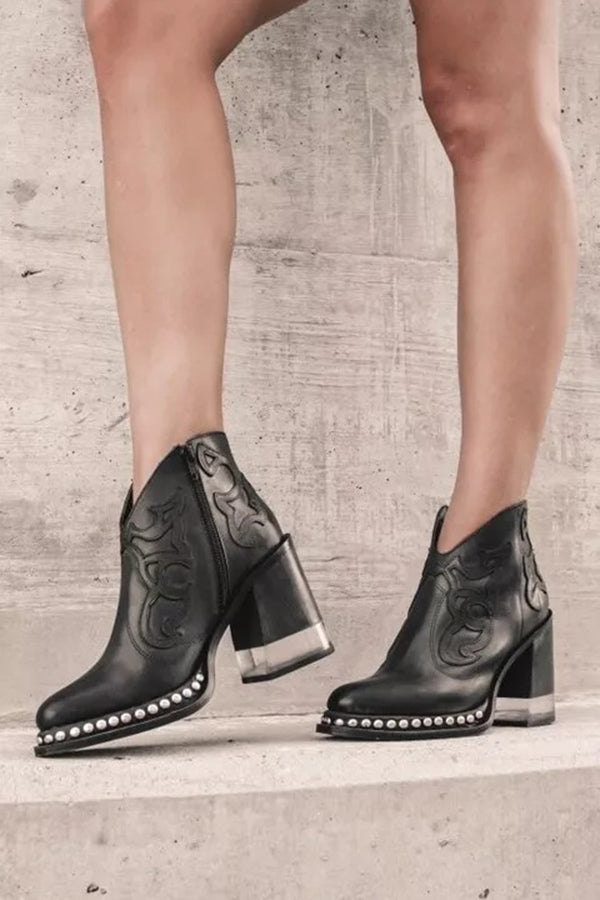 Bottines Western Nude à Talons Bloc et Noyer