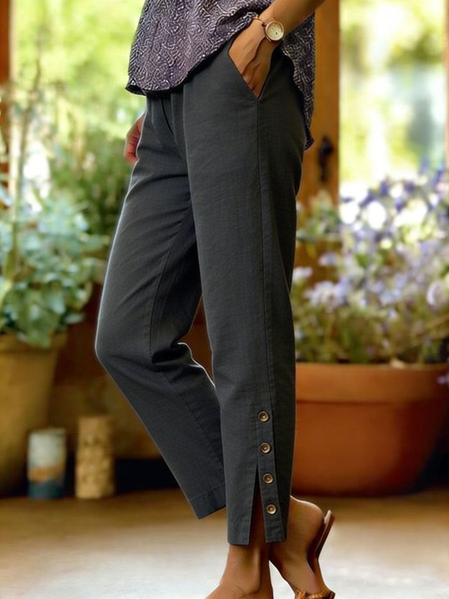 Pantalon Femme Coton Lin Coupe Décontractée Fente Boutonnée