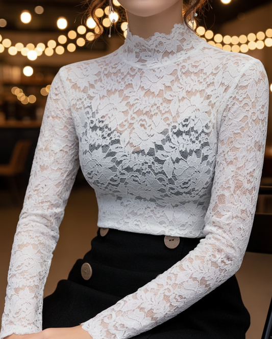 Blouse Femme en Dentelle pour Printemps avec Col Montant - BerlinGlamour