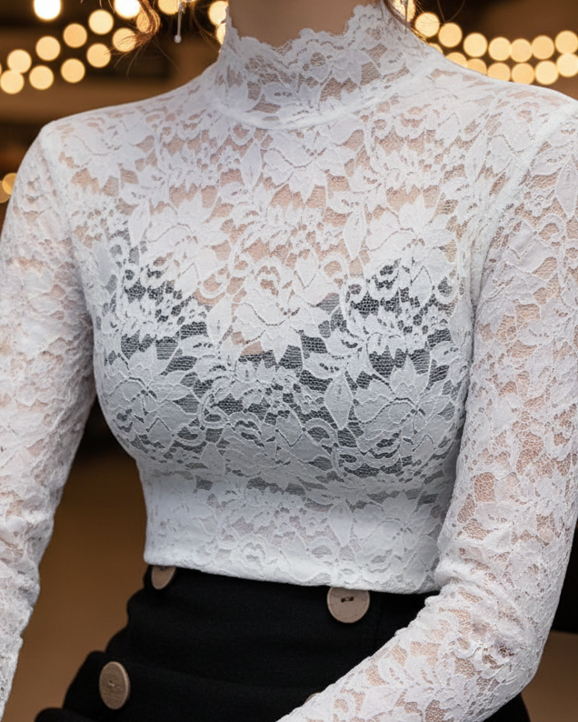 Blouse Femme en Dentelle pour Printemps avec Col Montant