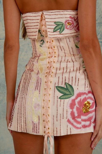 Robe Courte Rose avec Dentelle et Paillettes Féminine