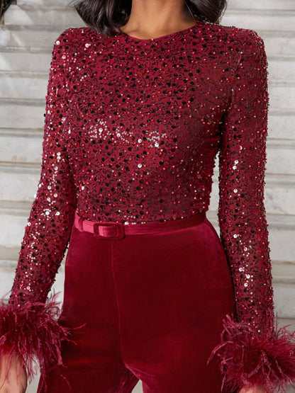 Sophia™ – Combinaison Femme Chic avec Paillettes et Plumes Élégantes-4