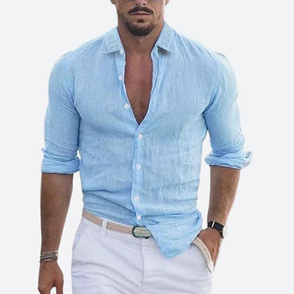 Chemise Homme Lin Coton Col V Décontracté