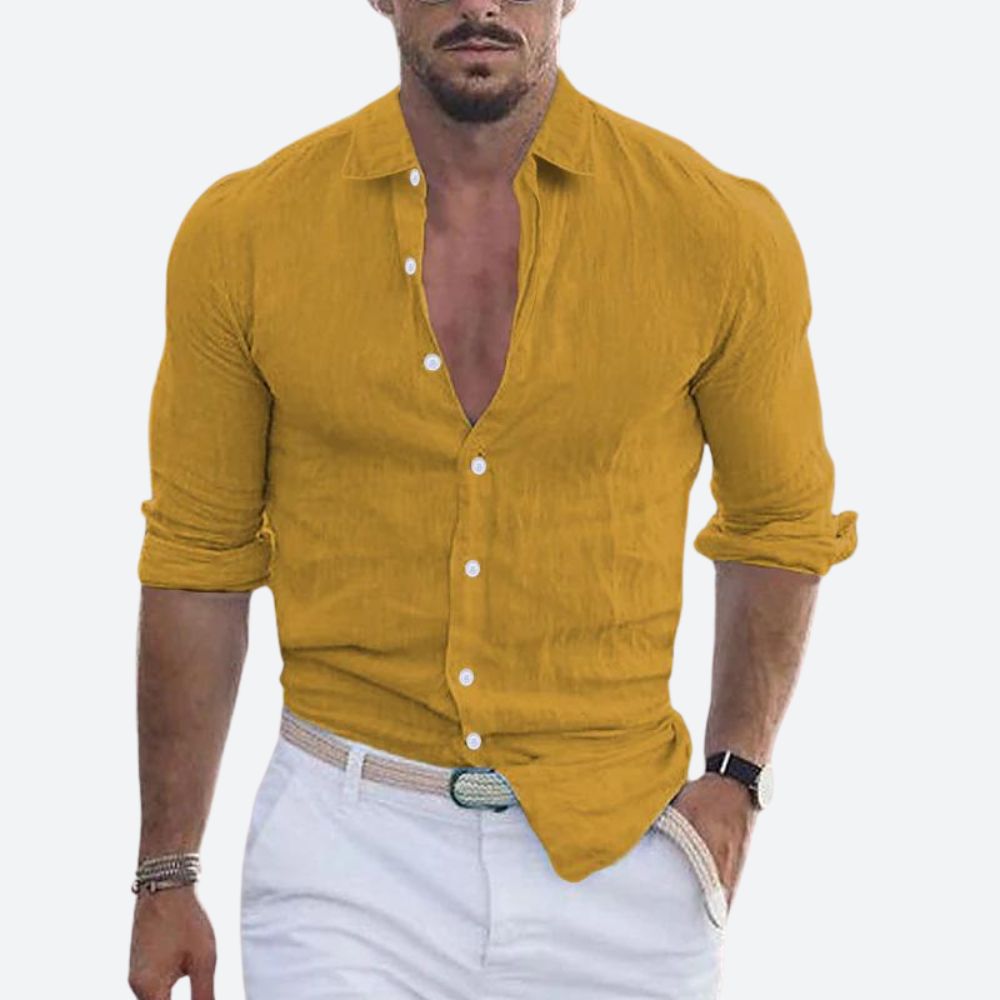 Chemise Homme Lin Coton Col V Décontracté