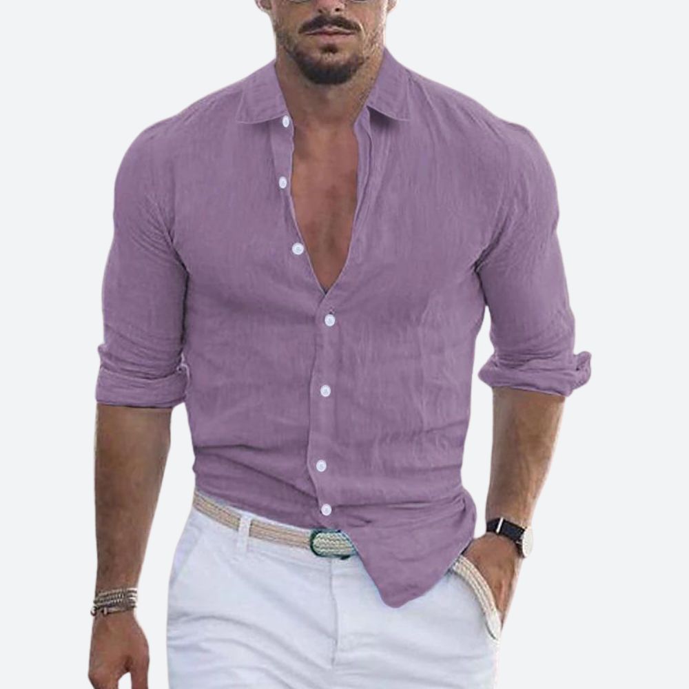 Chemise Homme Lin Coton Col V Décontracté