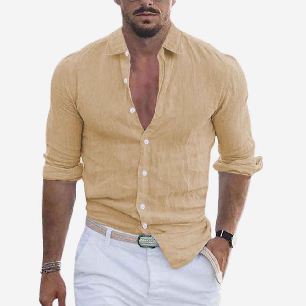 Chemise Homme Lin Coton Col V Décontracté