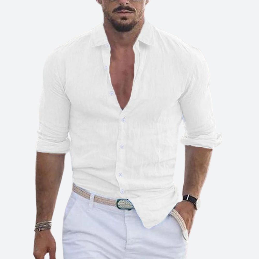Chemise Homme Lin Coton Col V Décontracté