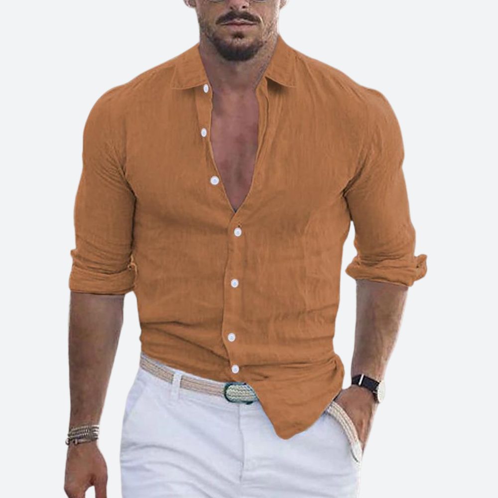 Chemise Homme Lin Coton Col V Décontracté