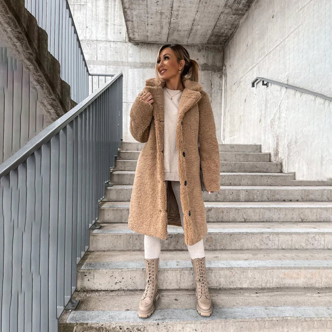 Manteau Long Femme Tissu Teddy Coupe Droite