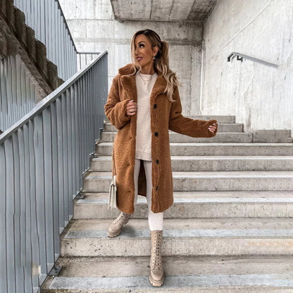 Manteau Long Femme Tissu Teddy Coupe Droite