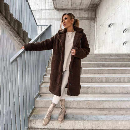 Manteau Long Femme Tissu Teddy Coupe Droite