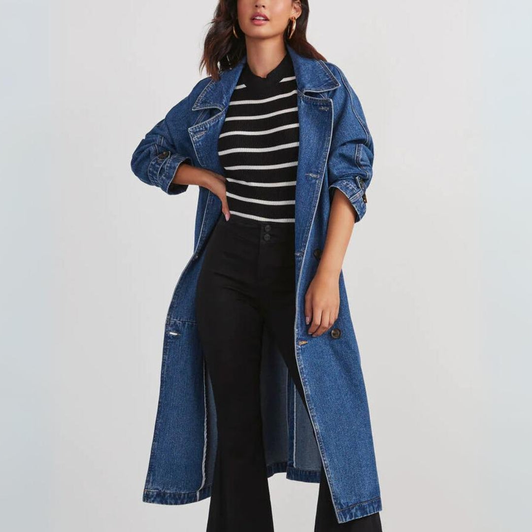 Manteau Jean Long Femme Manches Longues Élégant - PanierRoyale