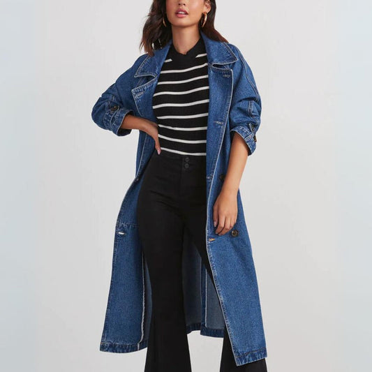 Manteau Jean Long Femme Manches Longues Élégant - PanierRoyale