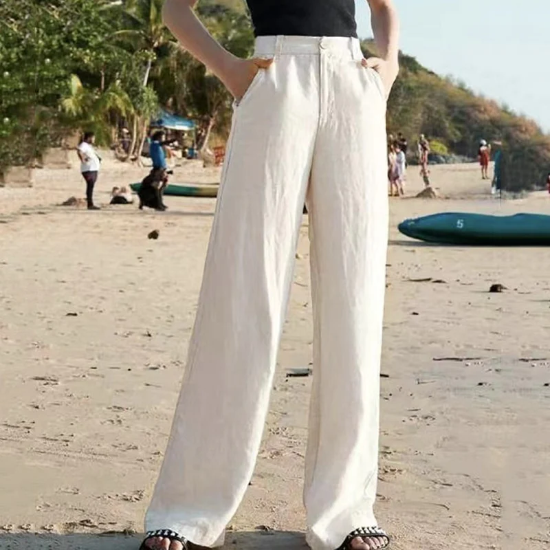 Pantalon Femme Blanc en Lin Pur Italien
