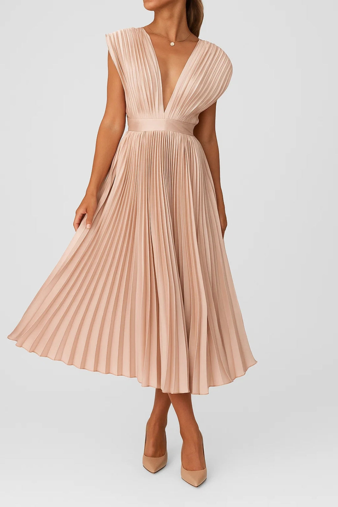 Robe Femme Élégante Plissée Mi-LongueDécolleté Profond - PanierRoyale