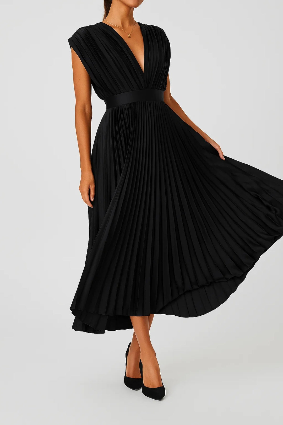 Robe Femme Élégante Plissée Mi-LongueDécolleté Profond
