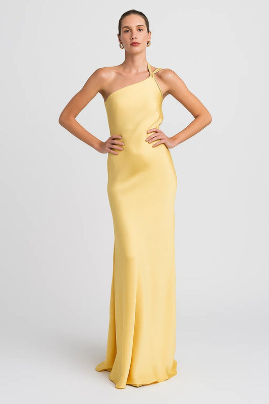 Robe Été Longue en Soie Jaune Clair pour Femme - PanierRoyale