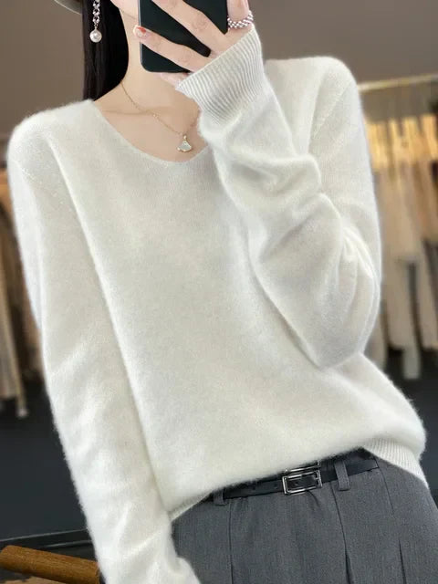 Pull Femme Col V Décontracté en Laine Mérinos Douce
