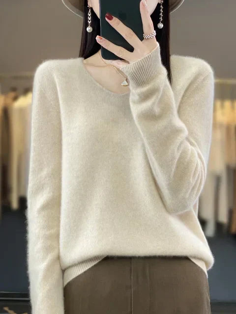 Pull Femme Col V Décontracté en Laine Mérinos Douce