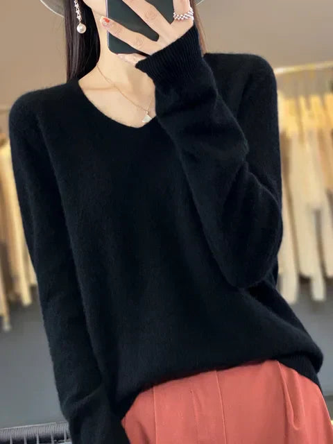 Pull Femme Col V Décontracté en Laine Mérinos Douce
