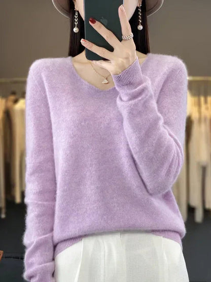 Pull Femme Col V Décontracté en Laine Mérinos Douce
