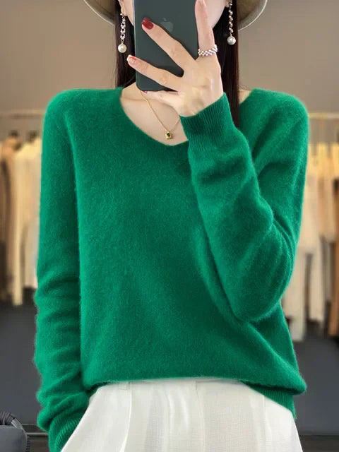 Pull Femme Col V Décontracté en Laine Mérinos Douce - PanierRoyale