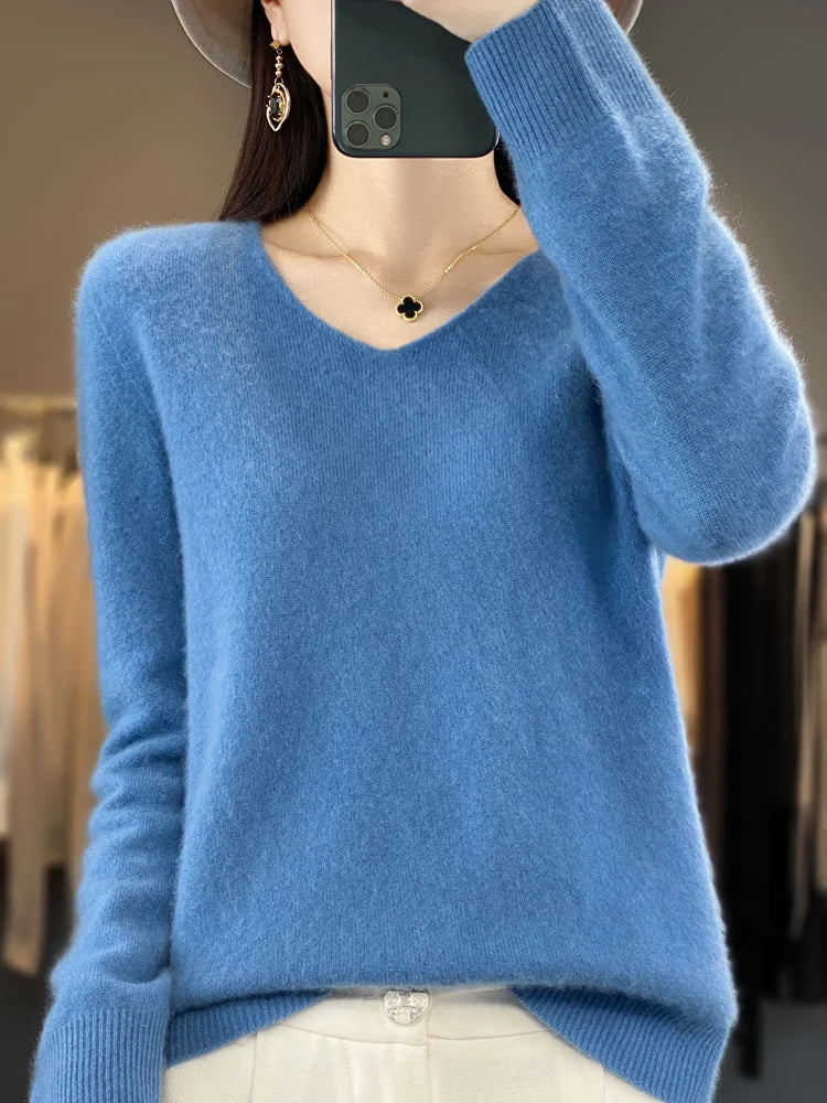 Pull Femme Col V Décontracté en Laine Mérinos Douce