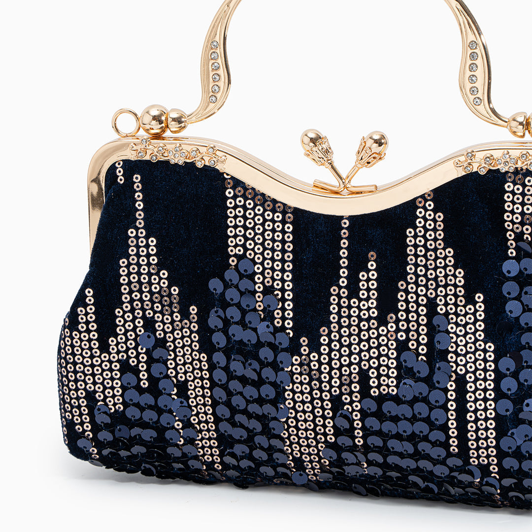 Sac Clutch Soirée Noir Bleu Marine avec Paillettes Dorées et Poignée Décorée