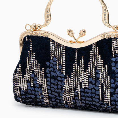 Sac Clutch Soirée Noir Bleu Marine avec Paillettes Dorées et Poignée Décorée
