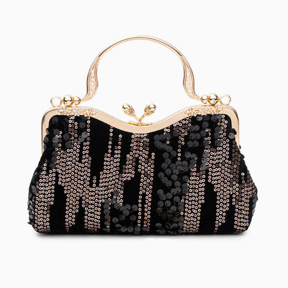 Sac Clutch Soirée Noir Bleu Marine avec Paillettes Dorées et Poignée Décorée