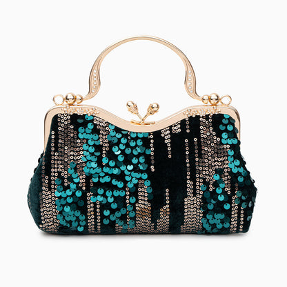 Sac Clutch Soirée Noir Bleu Marine avec Paillettes Dorées et Poignée Décorée