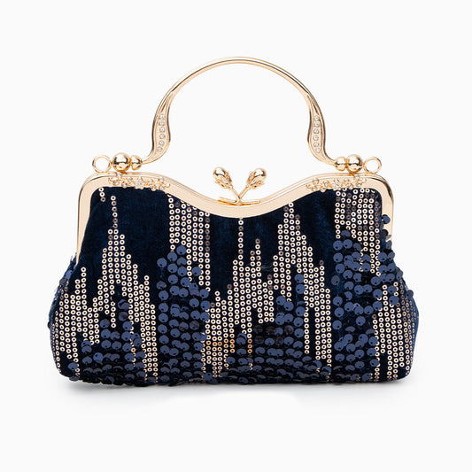 Sac Clutch Soirée Noir Bleu Marine avec Paillettes Dorées et Poignée Décorée - BerlinGlamour