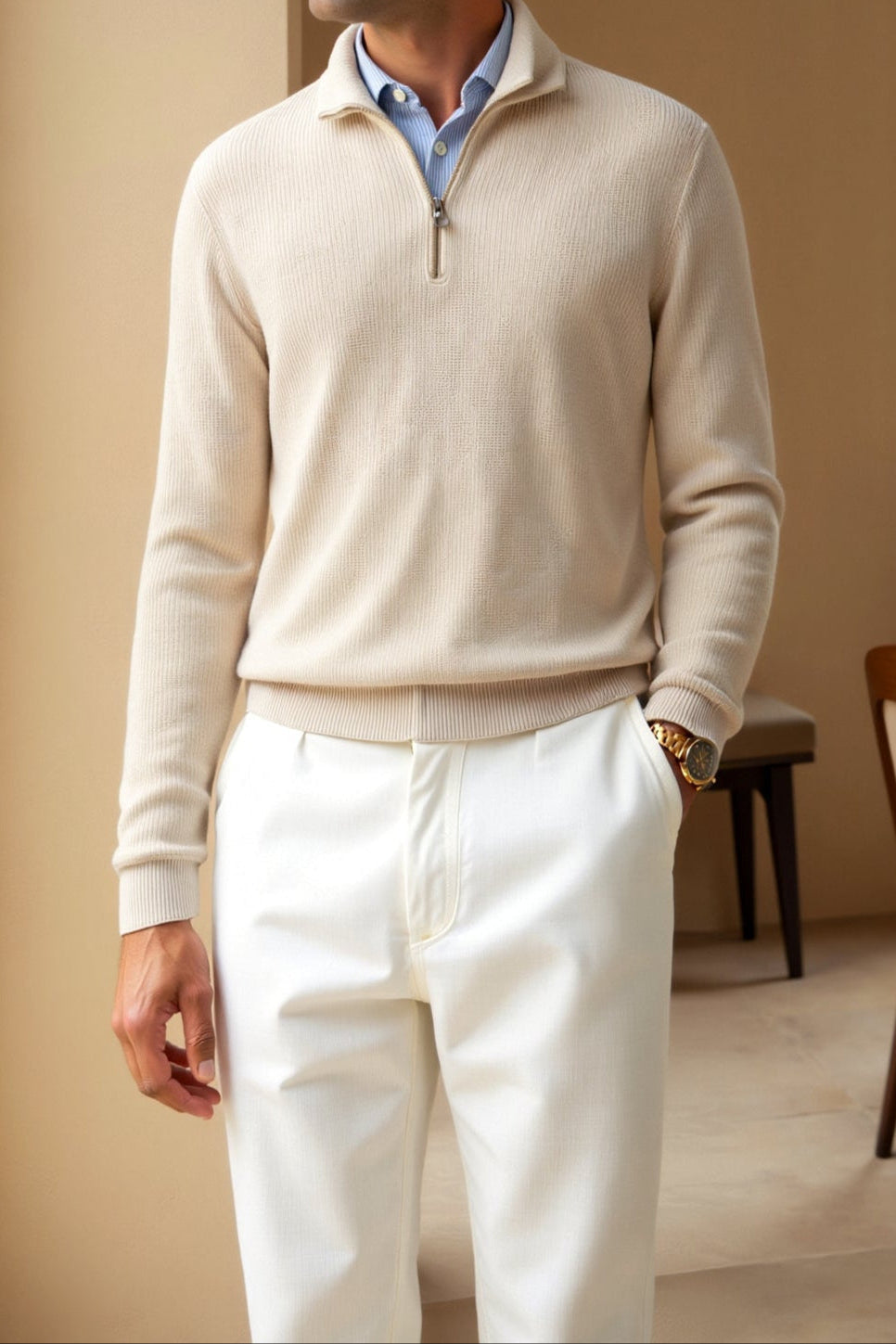 Pull à Capuche avec Fermeture Éclair et Col Contraste