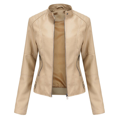 Blouson Cuir Femelle Noir Élégant avec Fermeture Éclair