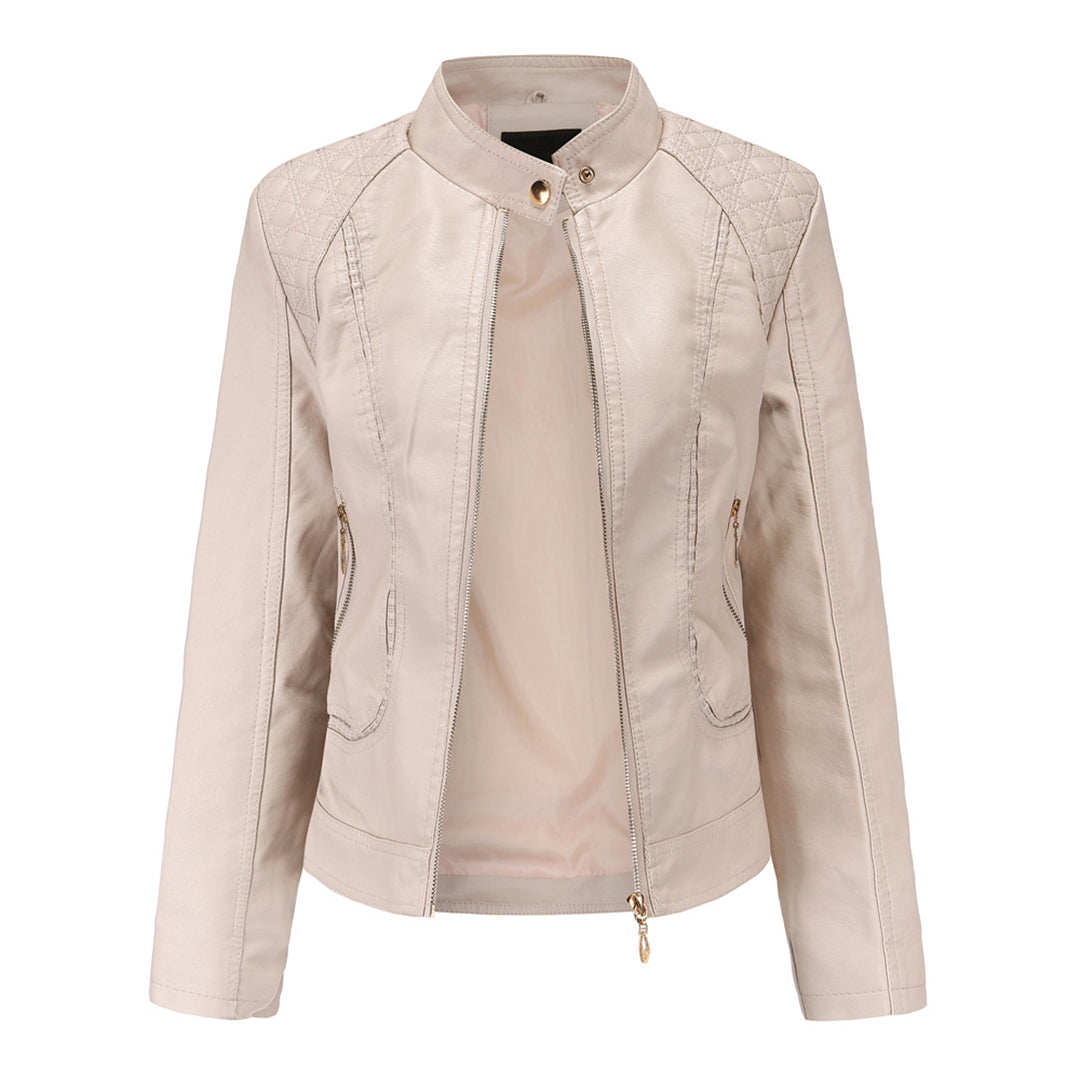 Veste en Cuir pour Femme Élégante avec Col Montant et Fermeture Éclair
