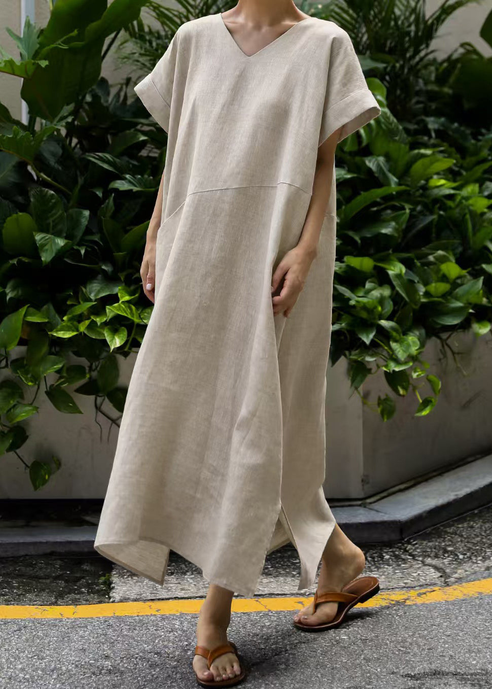 Large Linen Beige Patchwork Summer Robe - EasyApparels