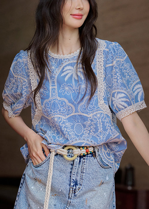 Robes légères en coton bleu estivales dentelle - EasyApparels