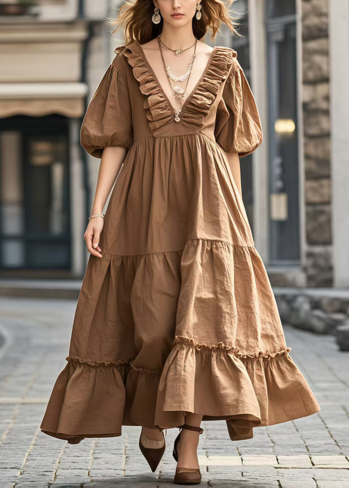 Robe décontractée en coton avec col V et ourlet long - EasyApparels